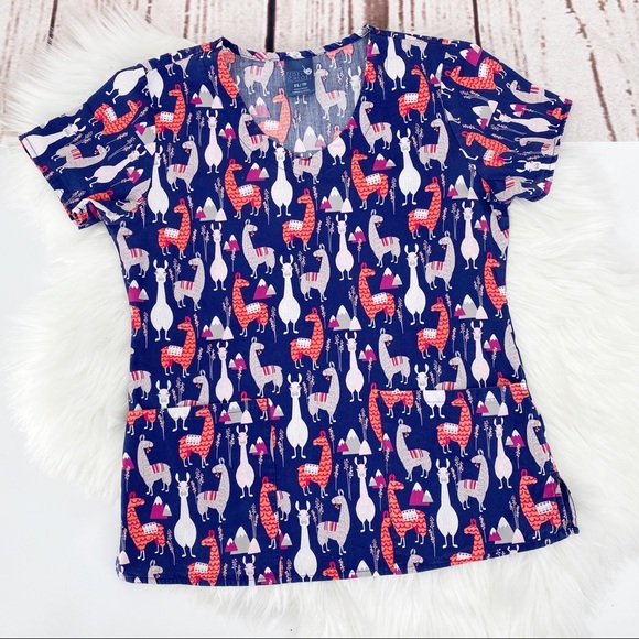 zoey + chloe Tops - Zoe + Chloe Alpaca Llama Scrub Top Navy Blue print